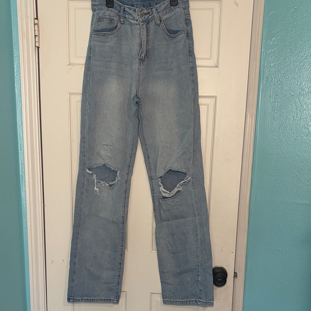 Light Blue Distressed Straight Leg Jeans